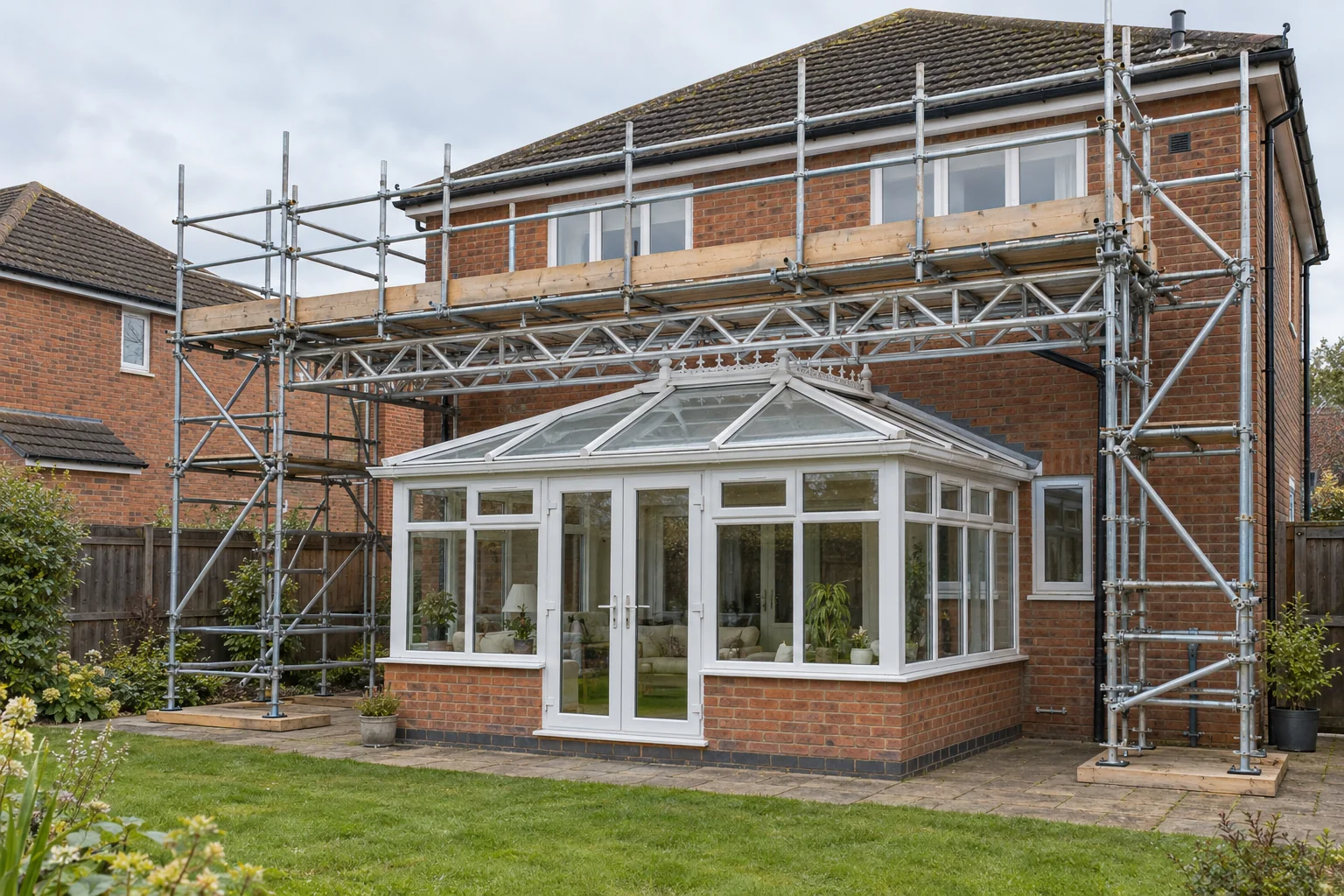 Bespoke scaffold with lattice beams bridging over a conservatory (AI-generated illustration)