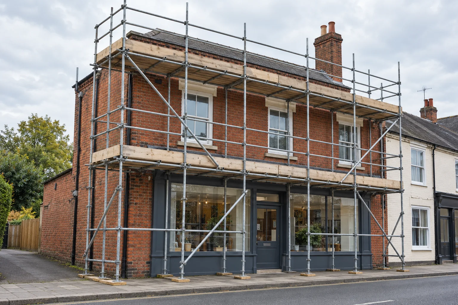 Facade scaffold around a small two-storey brick shop building (AI-generated illustration)