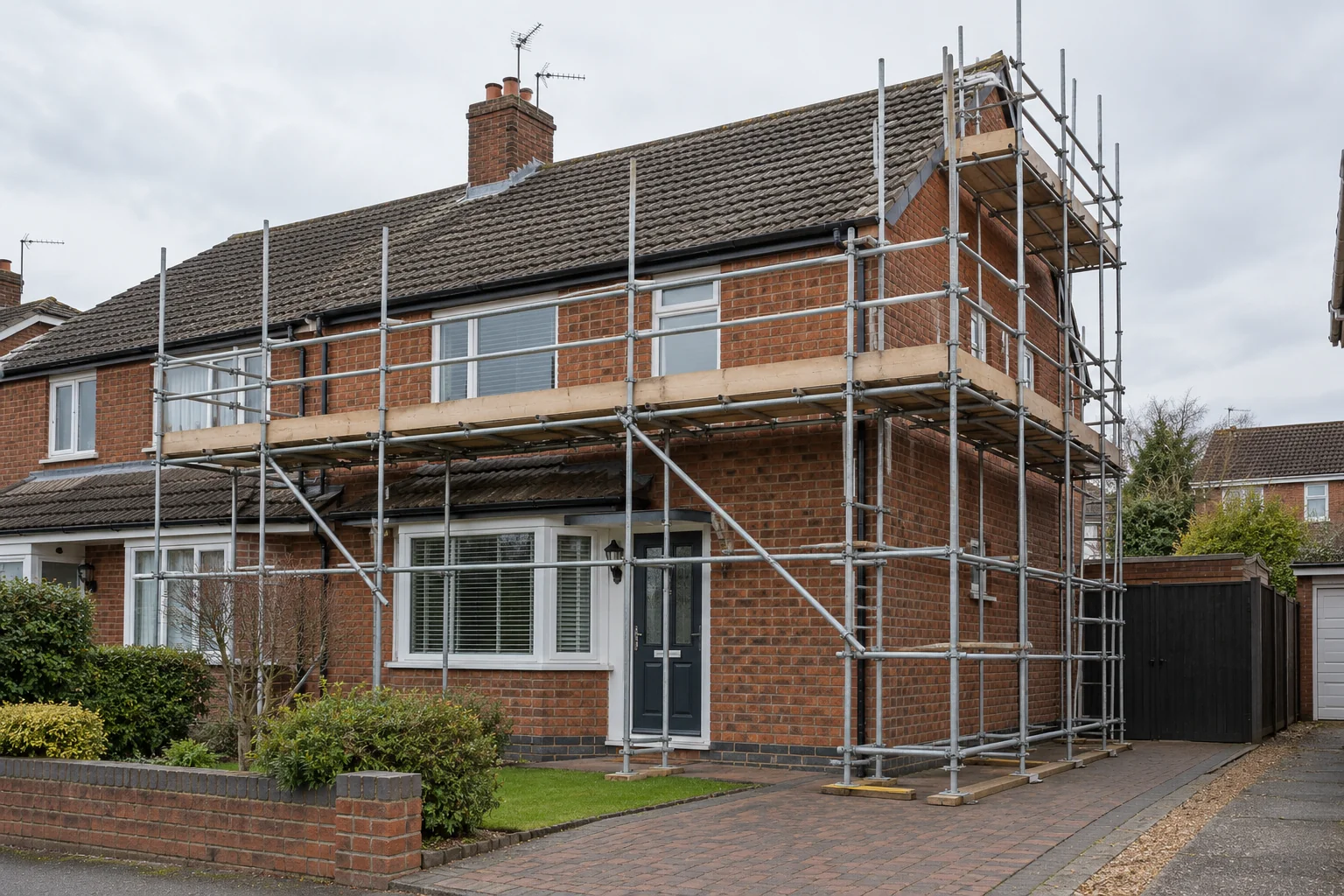 Front and gable scaffold around a modest brick semi-detached house (AI-generated illustration)