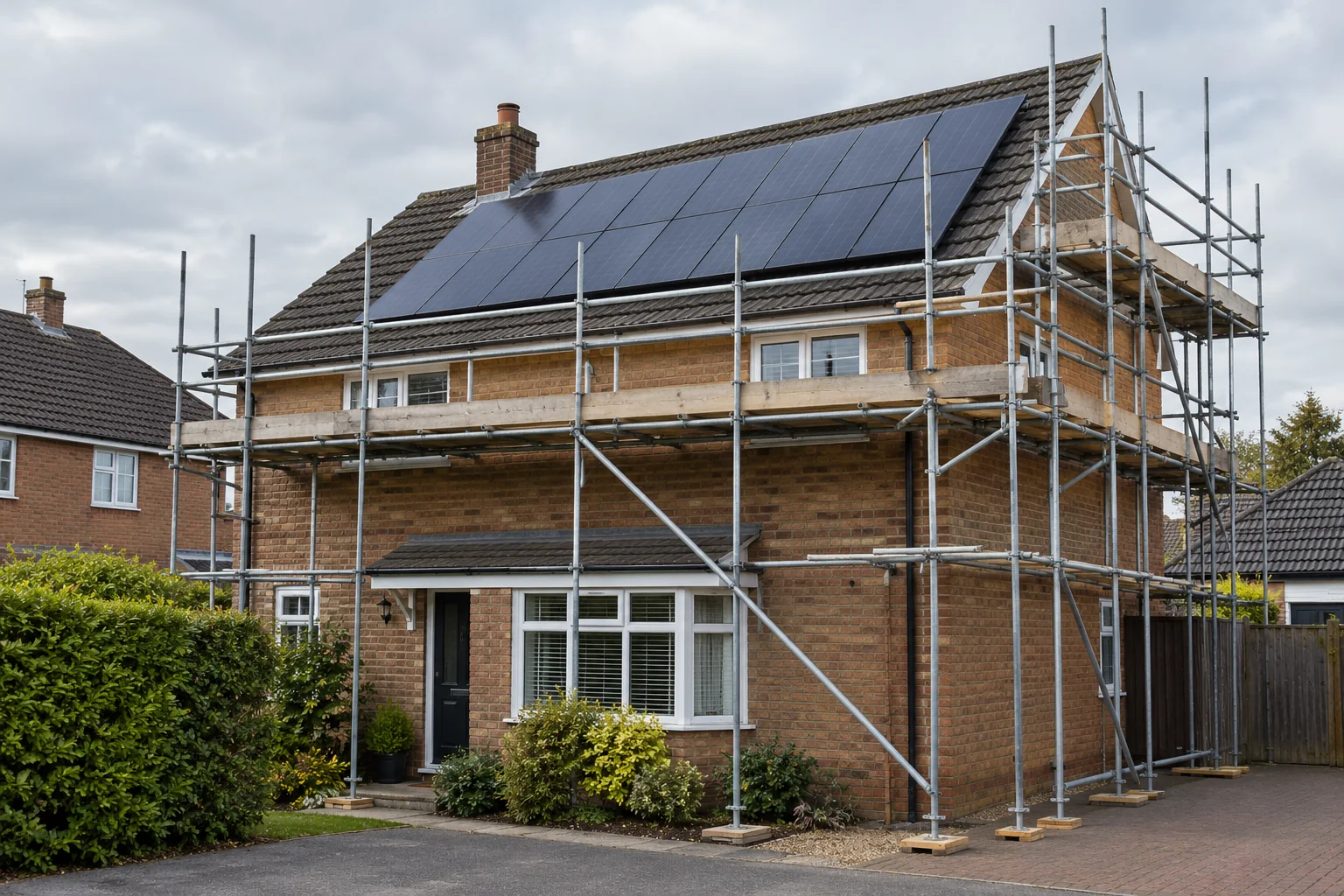 Scaffold along the eaves and gable of a brick house with solar panels (AI-generated illustration)