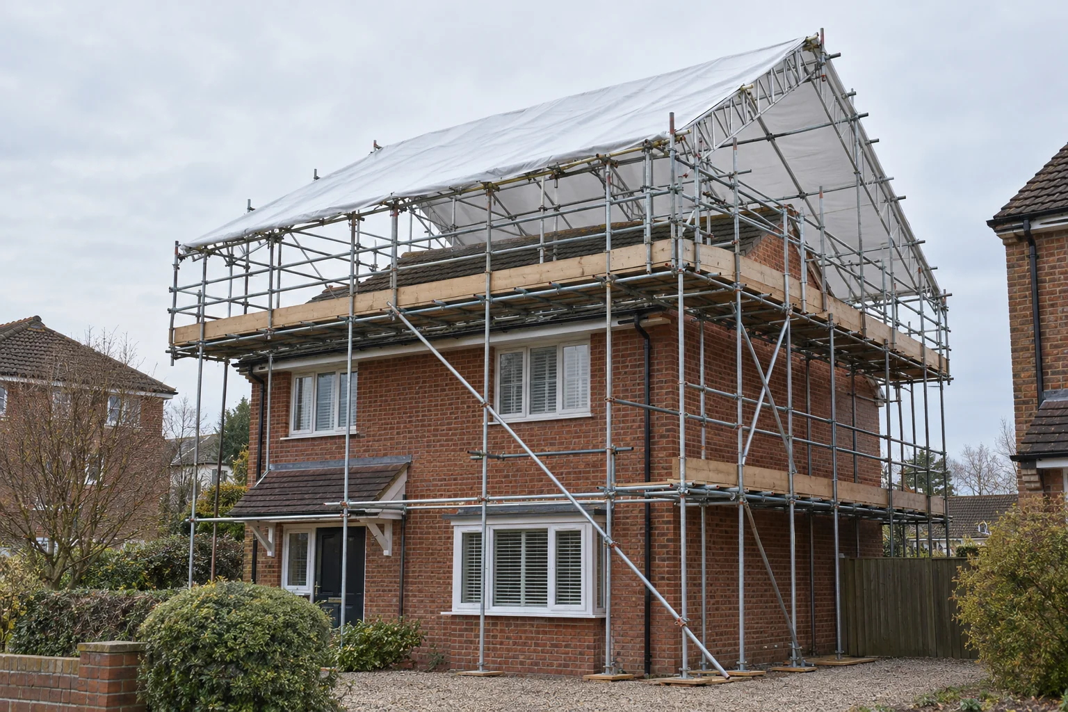 Scaffold-supported temporary roof above a two-storey brick house (AI-generated illustration)